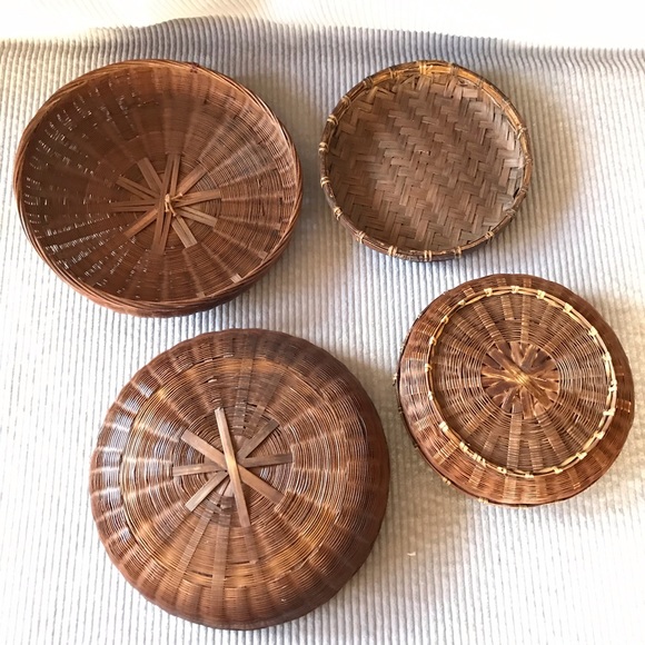 4pc set wicker basket bowls +lids boho wall art